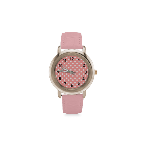 Coral Pink Polka Dots Women's Rose Gold Leather Strap Watch(Model 201)