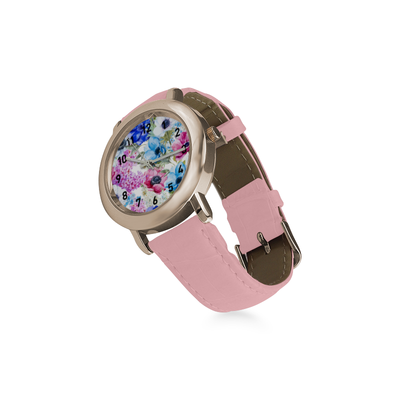 Watercolor Floral Pattern Women's Rose Gold Leather Strap Watch(Model 201)