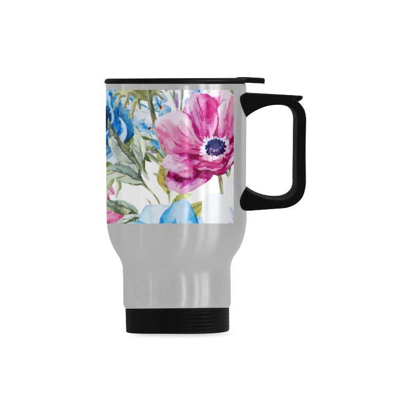 Watercolor Floral Pattern Travel Mug (Silver) (14 Oz)