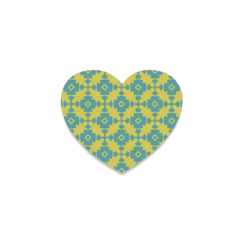 Yellow Teal Geometric Tile Pattern Heart Coaster