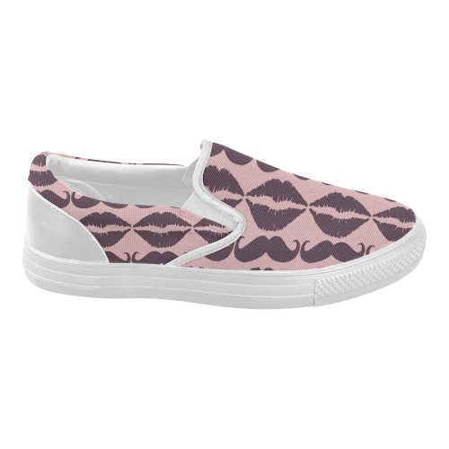 Maroon Hipster Mustache and Lips Women's Slip-on Canvas Shoes (Model 019)
