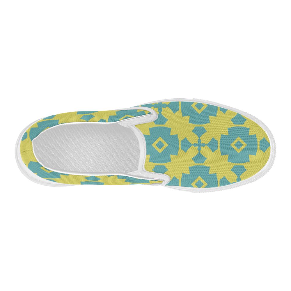 Yellow Teal Geometric Tile Pattern Women's Slip-on Canvas Shoes (Model 019)