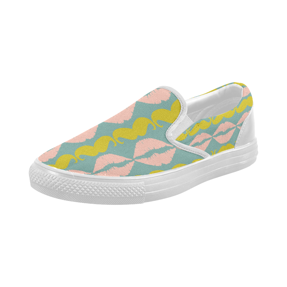 Mint Hipster Mustache and Lips Women's Slip-on Canvas Shoes (Model 019)