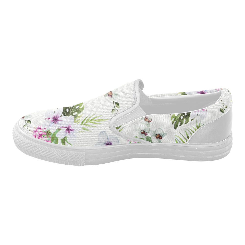 Tropical Hibiscus and Palm Leaves Women's Slip-on Canvas Shoes (Model 019)