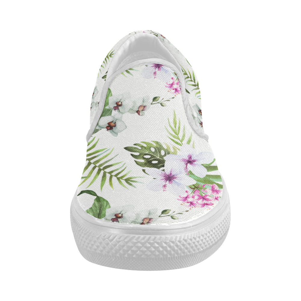 Tropical Hibiscus and Palm Leaves Women's Slip-on Canvas Shoes (Model 019)