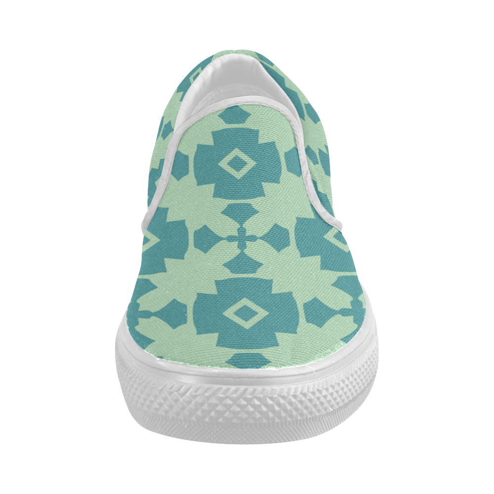 Teal Mint Geometric Tile Pattern Women's Slip-on Canvas Shoes (Model 019)