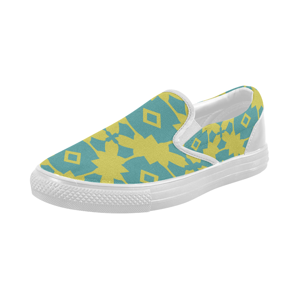 Yellow Teal Geometric Tile Pattern Women's Slip-on Canvas Shoes (Model 019)