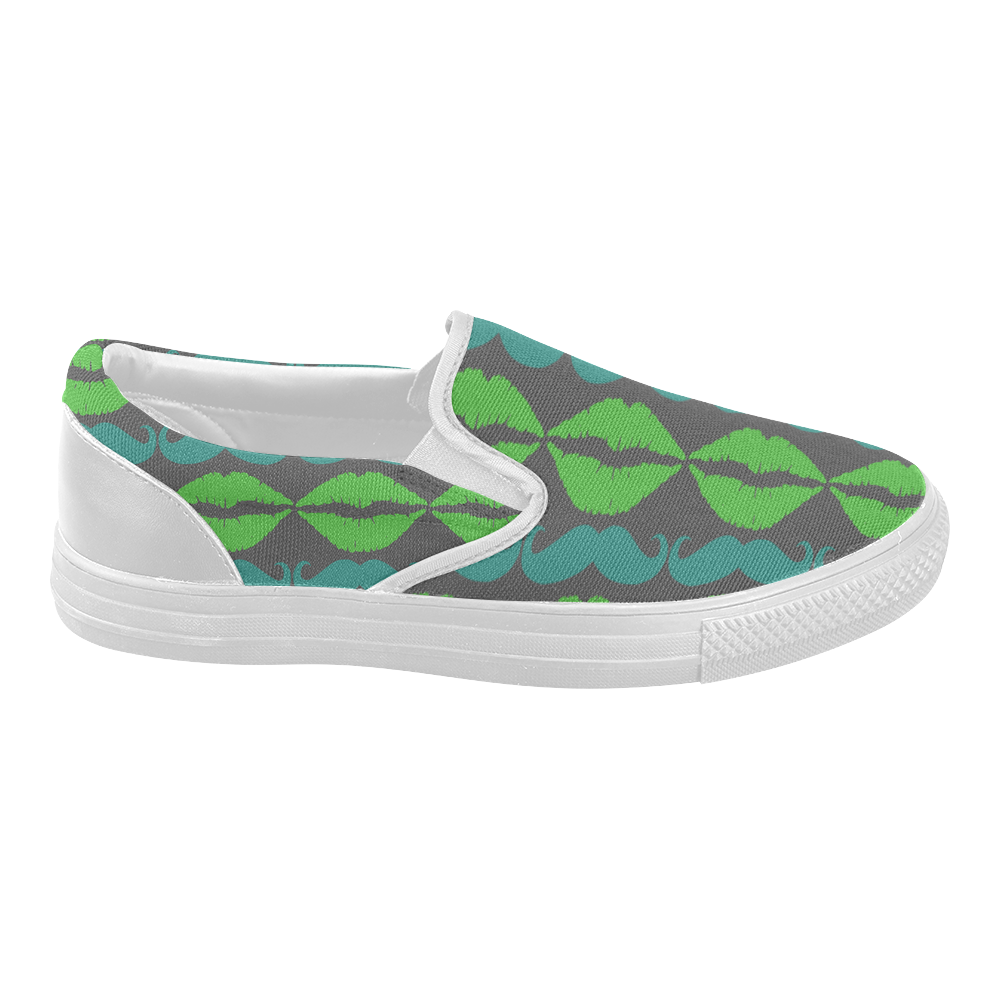 Green Hipster Mustache and Lips Women's Slip-on Canvas Shoes (Model 019)