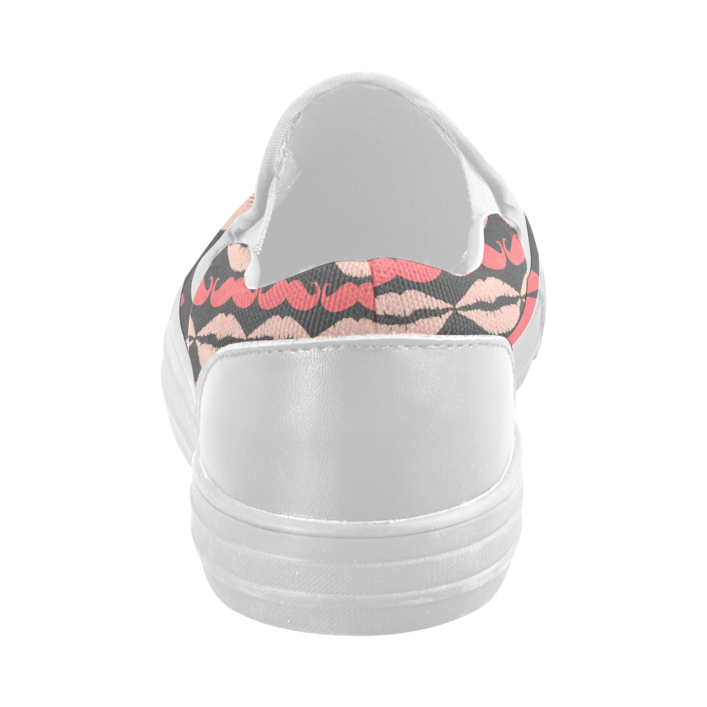 Pink Gray Hipster Mustache and Lips Women's Slip-on Canvas Shoes (Model 019)