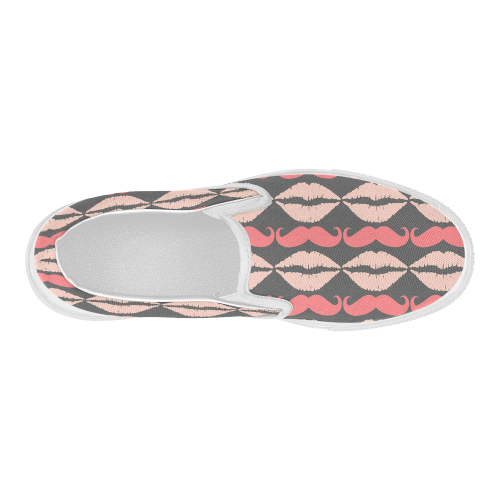 Pink Gray Hipster Mustache and Lips Women's Slip-on Canvas Shoes (Model 019)