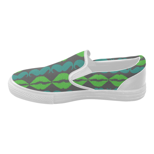 Green Hipster Mustache and Lips Women's Slip-on Canvas Shoes (Model 019)