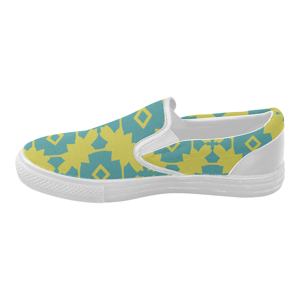 Yellow Teal Geometric Tile Pattern Women's Slip-on Canvas Shoes (Model 019)