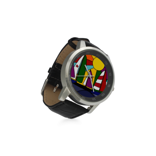 Fantastic Sailboats Sailing Abstract Art Unisex Stainless Steel Leather Strap Watch(Model 202)