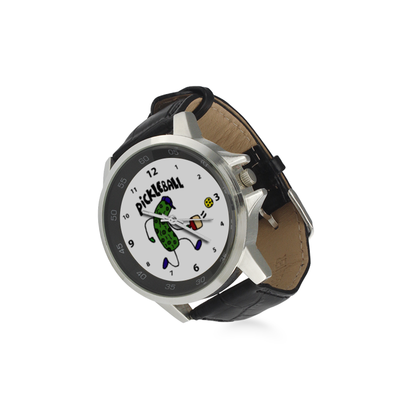 Funny Pickle Playing Pickleball Unisex Stainless Steel Leather Strap Watch(Model 202)