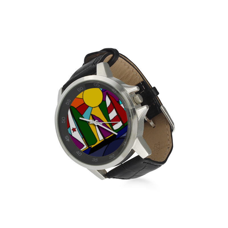 Fantastic Sailboats Sailing Abstract Art Unisex Stainless Steel Leather Strap Watch(Model 202)