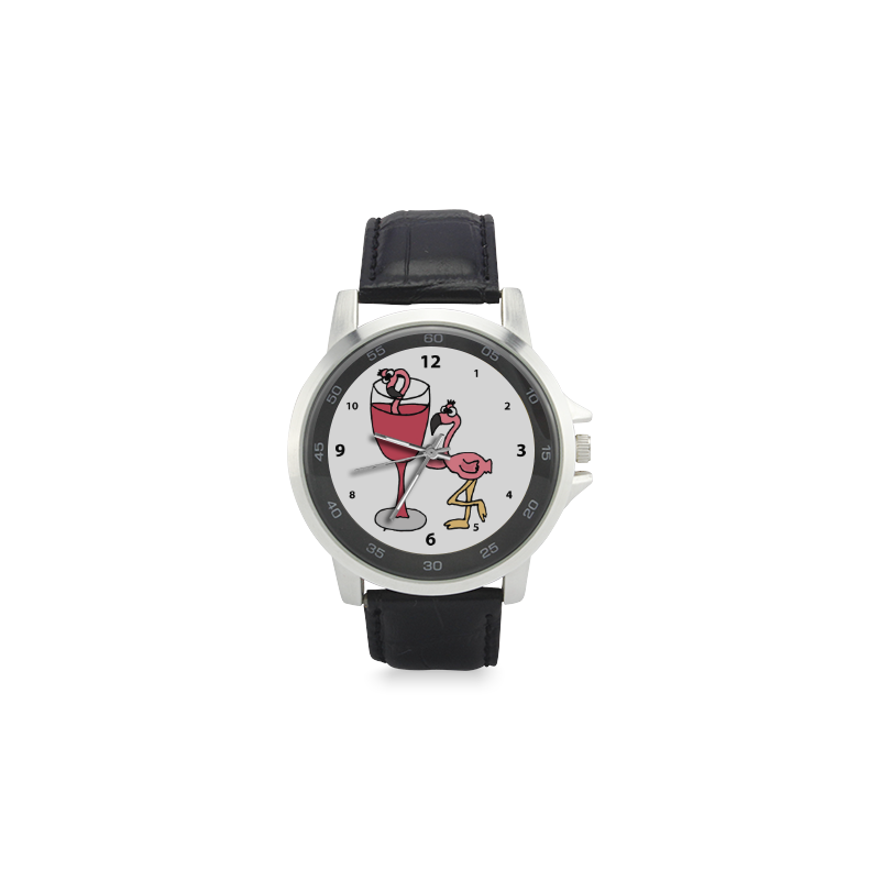 Funny Pink Flamingo Drinking Wine Unisex Stainless Steel Leather Strap Watch(Model 202)