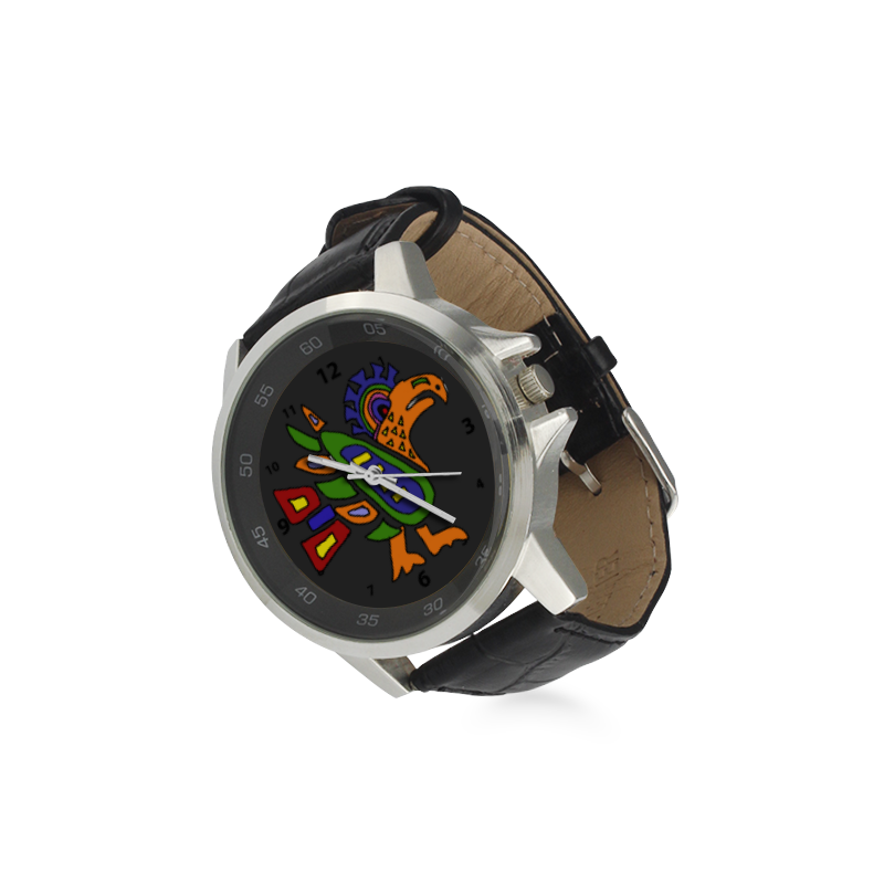 Artistic Aztec Eagle Abstract Art Unisex Stainless Steel Leather Strap Watch(Model 202)
