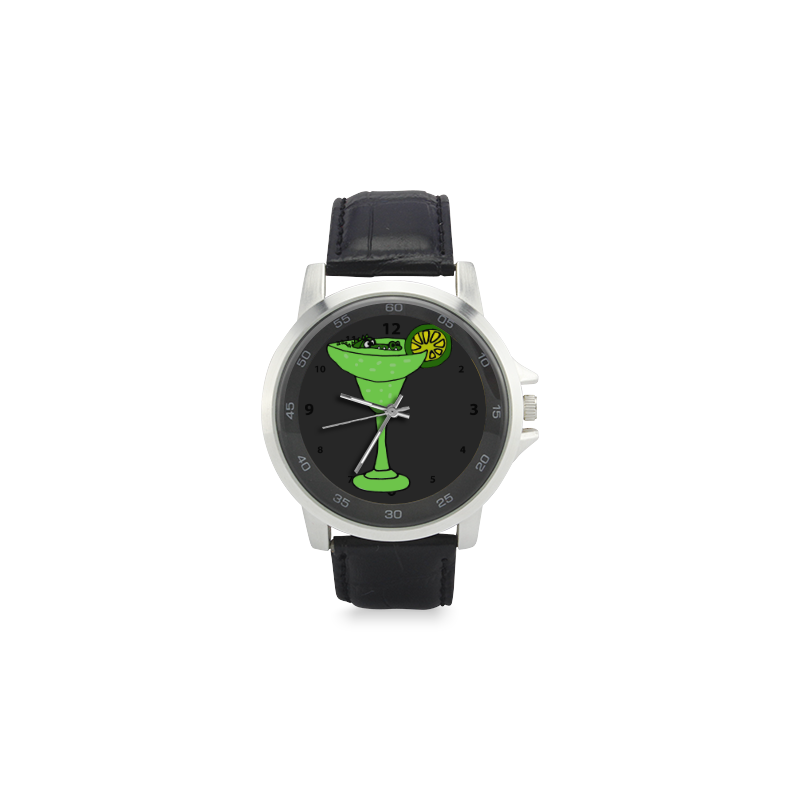 Funny Alligator in Martini Glass Unisex Stainless Steel Leather Strap Watch(Model 202)