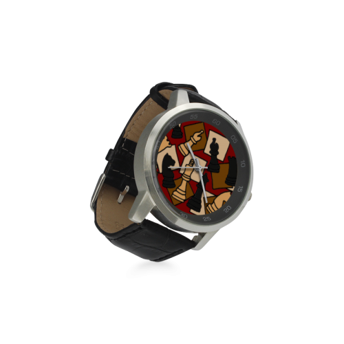 Chess Game Pieces Original Abstract Art Unisex Stainless Steel Leather Strap Watch(Model 202)