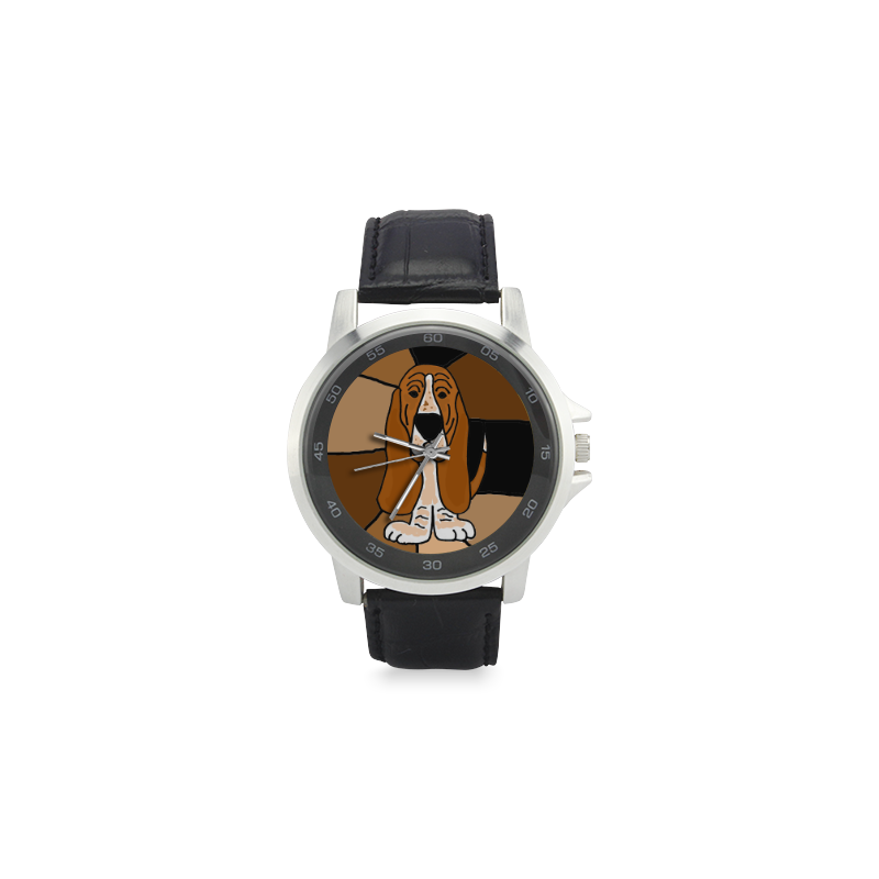 Funny Basset Hound Dog Abstract Art Unisex Stainless Steel Leather Strap Watch(Model 202)