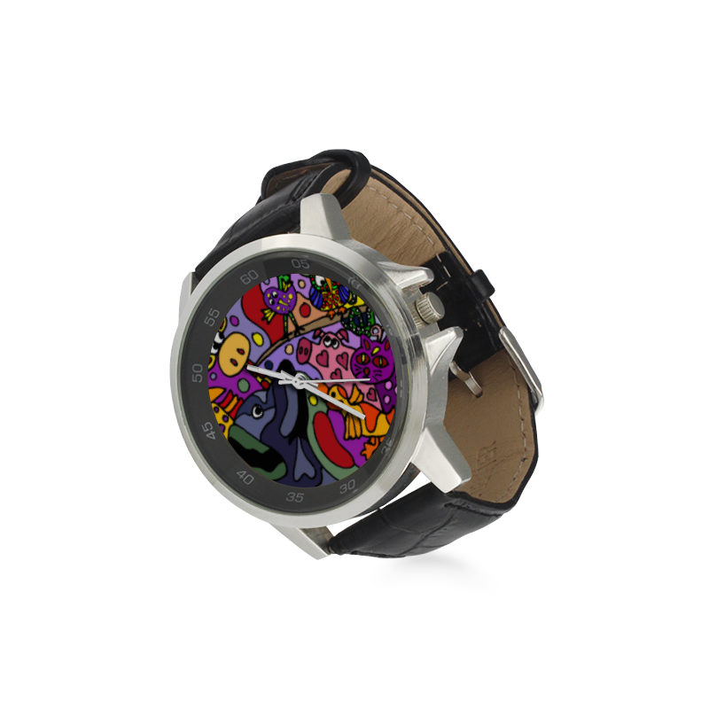 Funny Animals Abstract Art Unisex Stainless Steel Leather Strap Watch(Model 202)