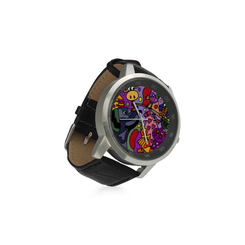 Funny Animals Abstract Art Unisex Stainless Steel Leather Strap Watch(Model 202)
