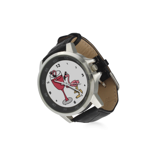 Funny Pink Flamingo Drinking Wine Unisex Stainless Steel Leather Strap Watch(Model 202)