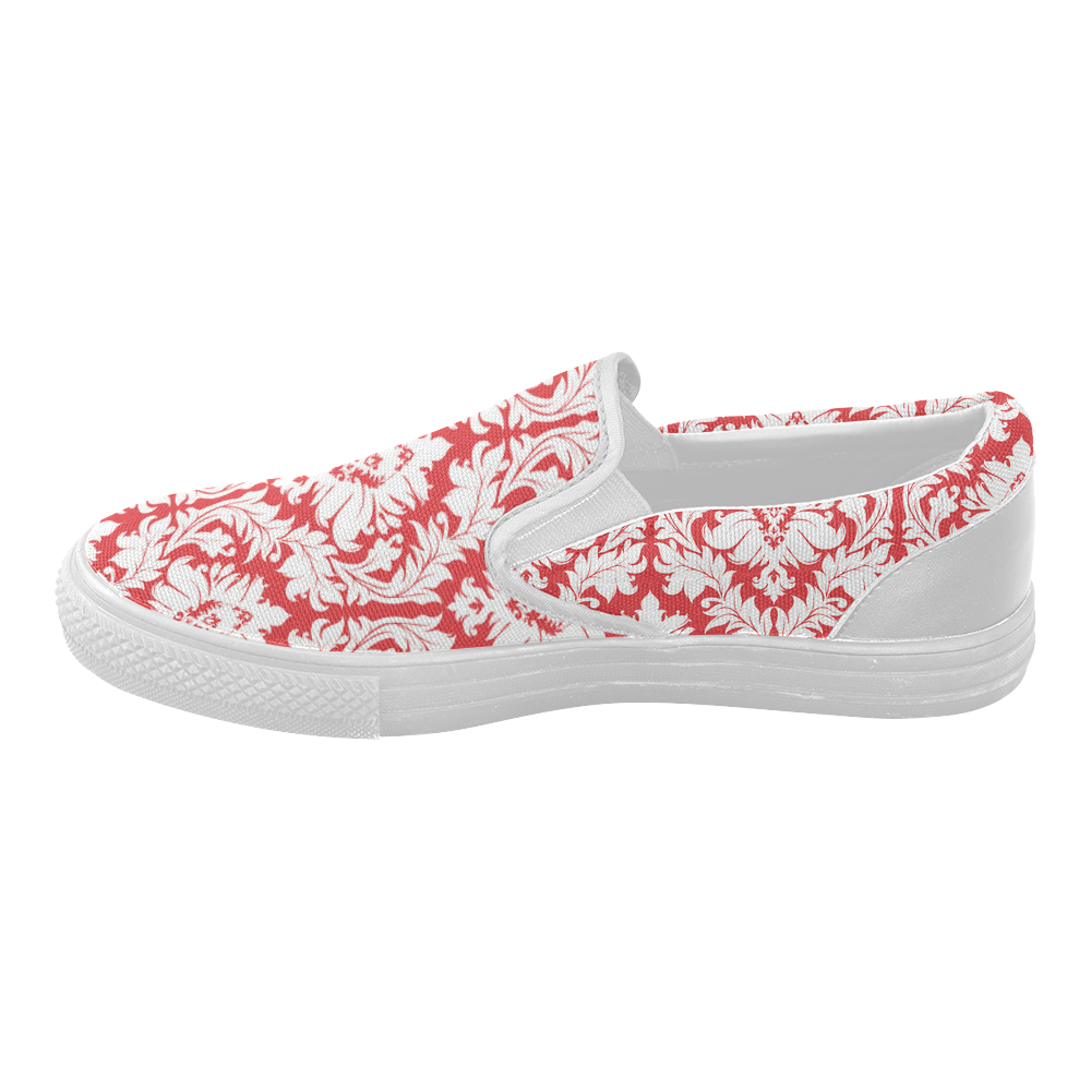 Red and White Damask pattern Women's Slip-on Canvas Shoes (Model 019)