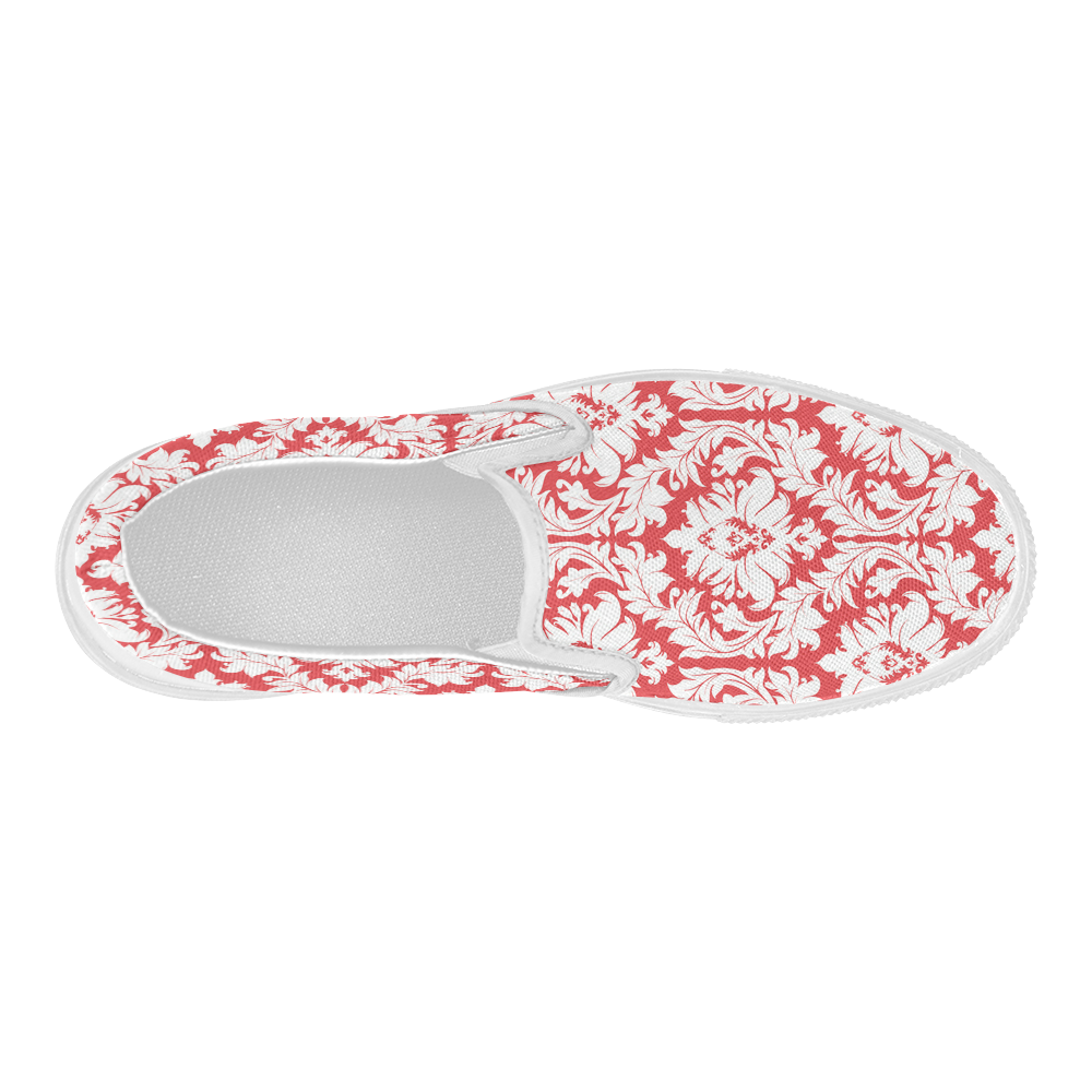 Red and White Damask pattern Women's Slip-on Canvas Shoes (Model 019)