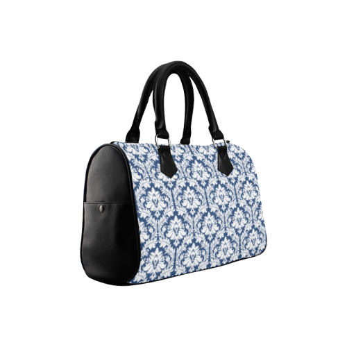 damask pattern navy blue and white Boston Handbag (Model 1621)