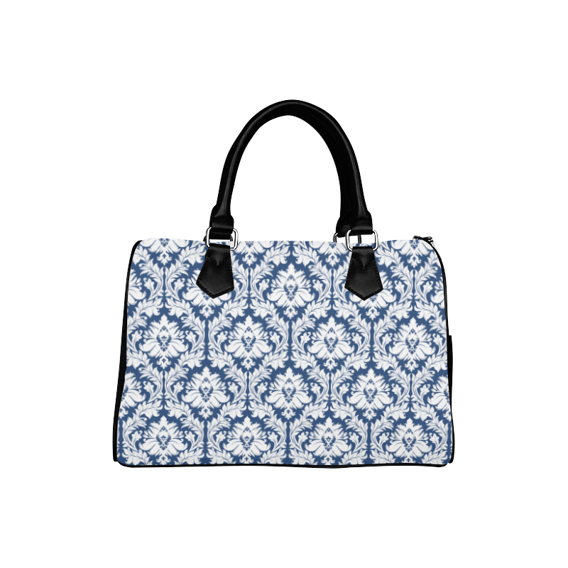 damask pattern navy blue and white Boston Handbag (Model 1621)
