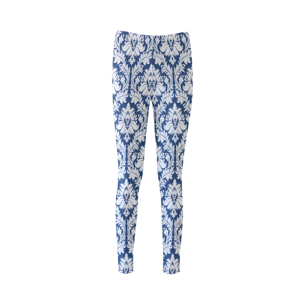 damask pattern navy blue and white Cassandra Women's Leggings (Model L01)