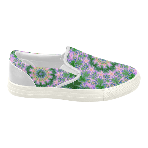 Rose Pink Green Explosion of Flowers Mandala Women's Slip-on Canvas Shoes (Model 019)