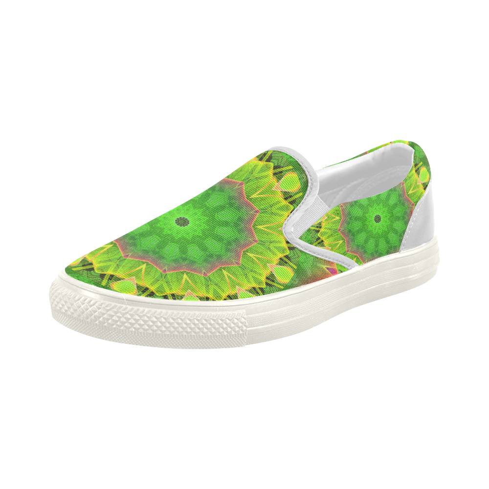 Golden Green Foliage Ferns Abstract Summer Days Women's Slip-on Canvas Shoes (Model 019)