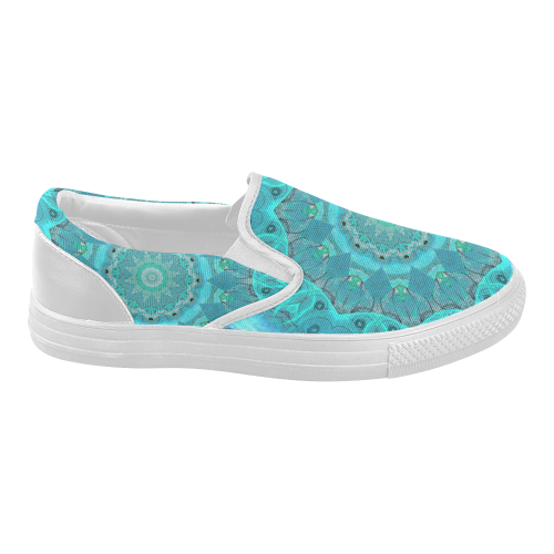 Teal Cyan Ocean Abstract Modern Lace Lattice Women's Slip-on Canvas Shoes (Model 019)