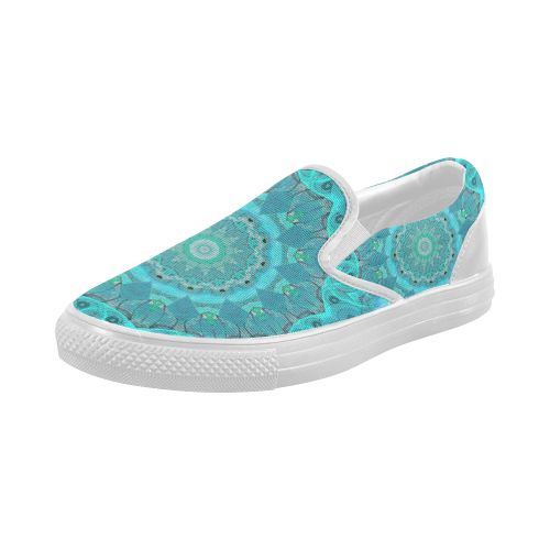 Teal Cyan Ocean Abstract Modern Lace Lattice Women's Slip-on Canvas Shoes (Model 019)