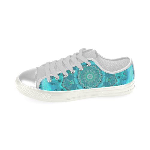 Teal Cyan Ocean Abstract Modern Lace Lattice Women's Classic Canvas Shoes (Model 018)