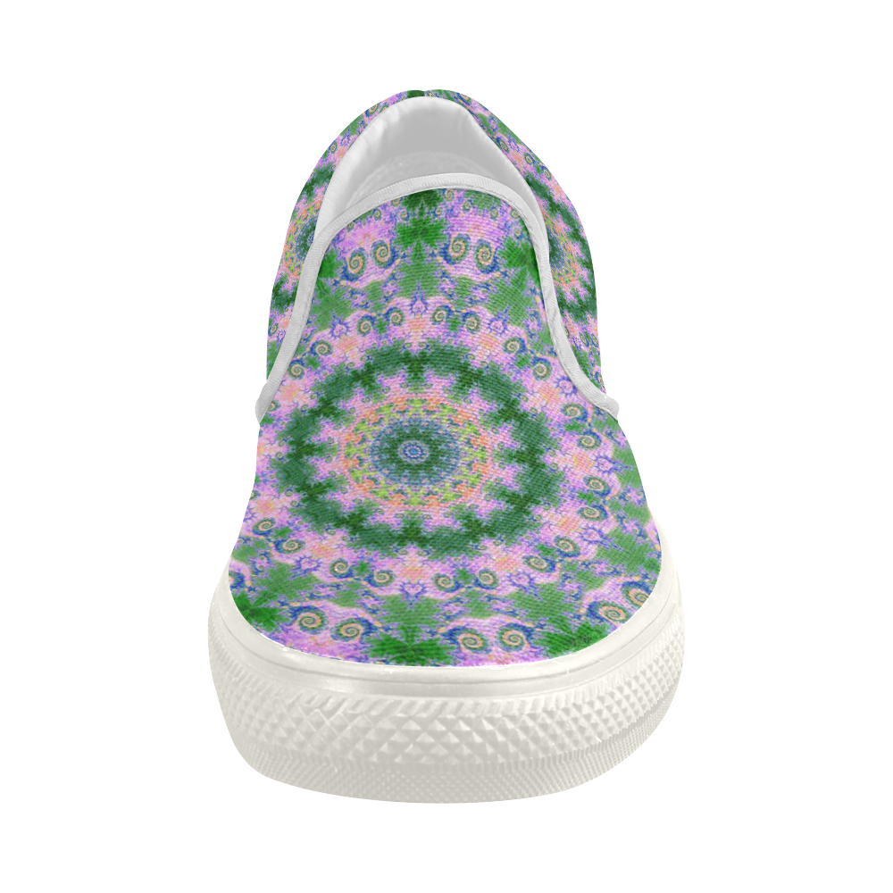 Rose Pink Green Explosion of Flowers Mandala Women's Slip-on Canvas Shoes (Model 019)