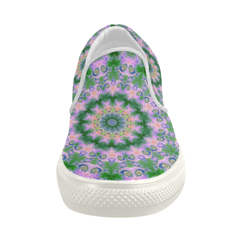 Rose Pink Green Explosion of Flowers Mandala Women's Slip-on Canvas Shoes (Model 019)