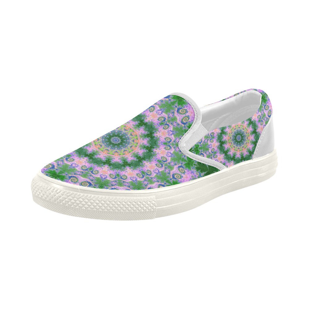 Rose Pink Green Explosion of Flowers Mandala Women's Slip-on Canvas Shoes (Model 019)