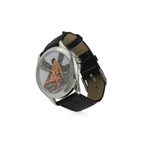 Angel And Piano Drawing Women's Classic Leather Strap Watch(Model 203)
