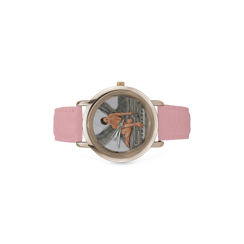 Angel And Piano Drawing Women's Rose Gold Leather Strap Watch(Model 201)