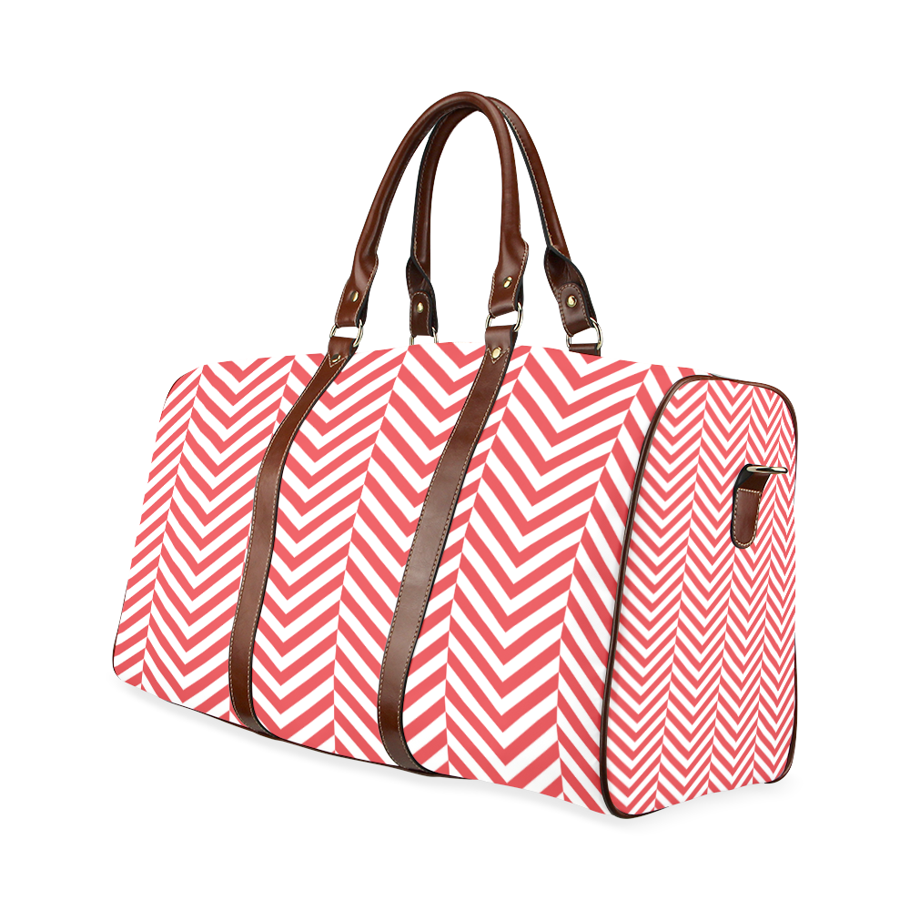 red and white classic chevron pattern Waterproof Travel Bag/Large (Model 1639)