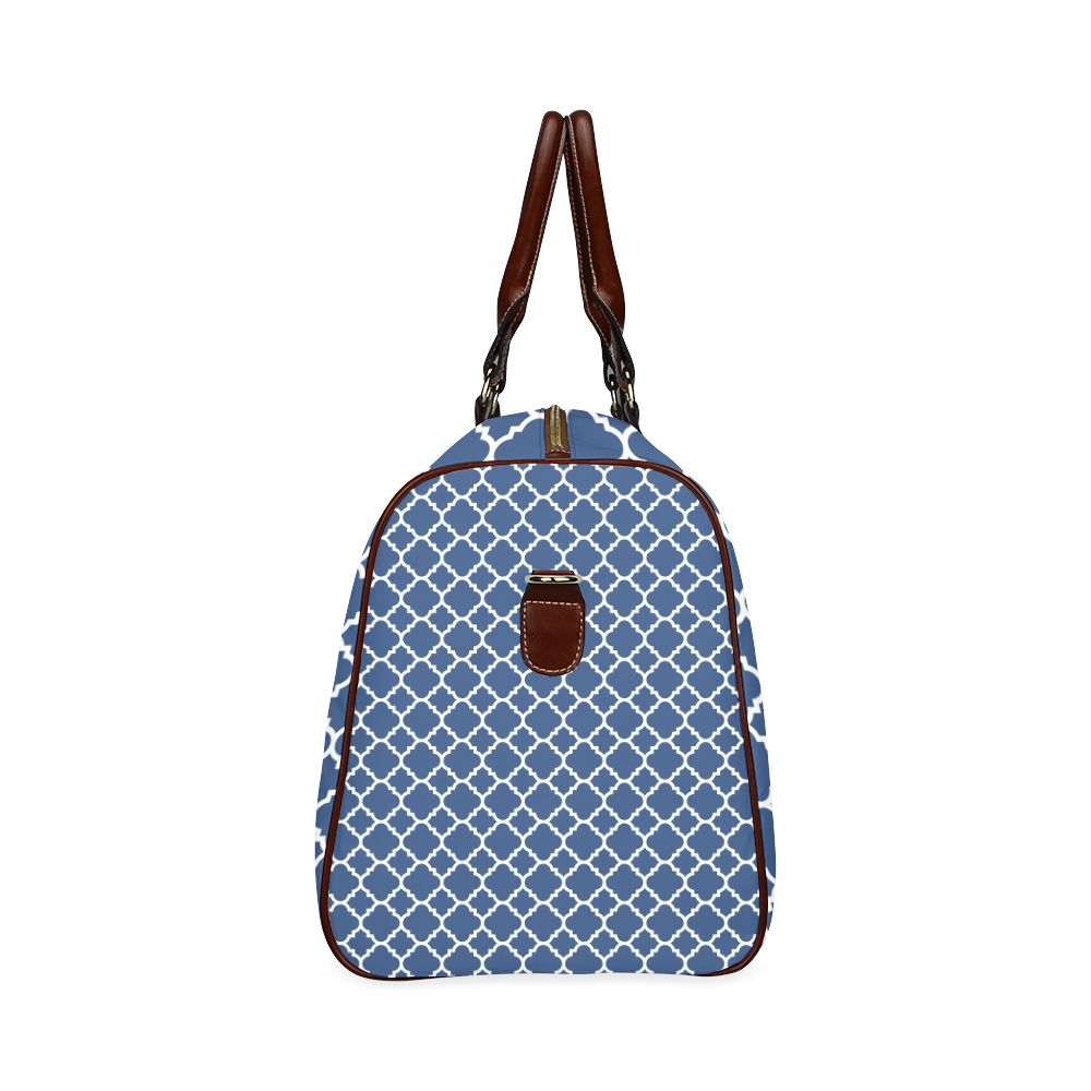 dark blue white quatrefoil classic pattern Waterproof Travel Bag/Large (Model 1639)