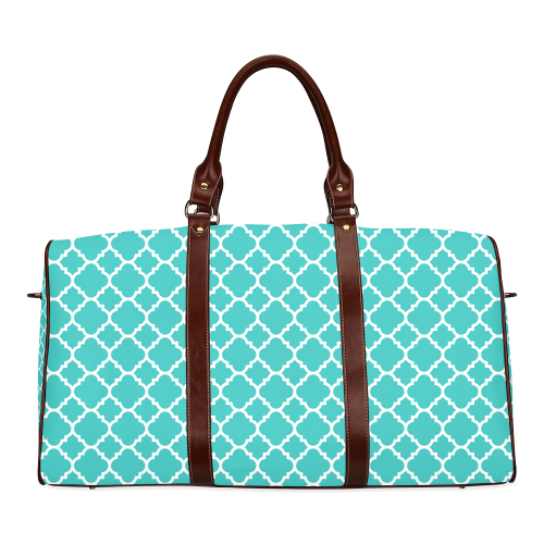 turquoise white quatrefoil classic pattern Waterproof Travel Bag/Large (Model 1639)