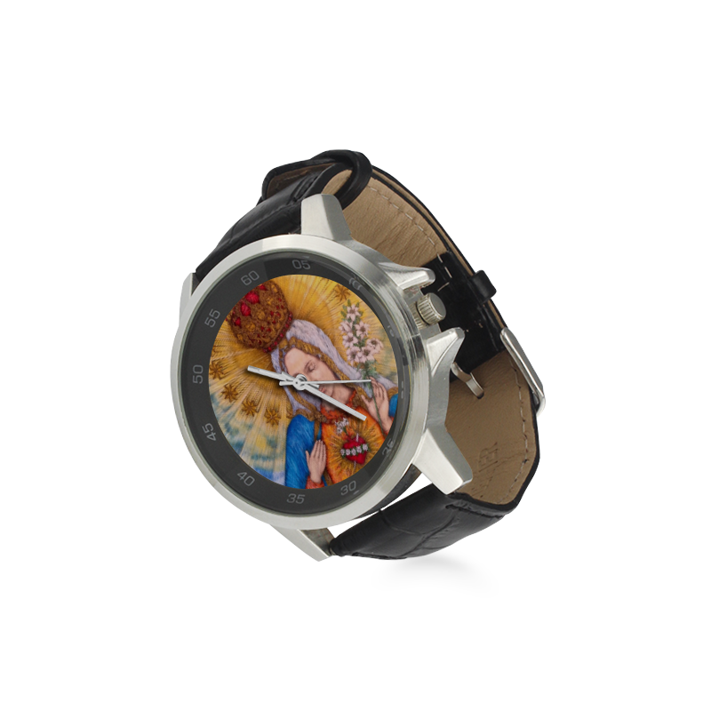 Immaculate Heart Of Virgin Mary Drawing Unisex Stainless Steel Leather Strap Watch(Model 202)