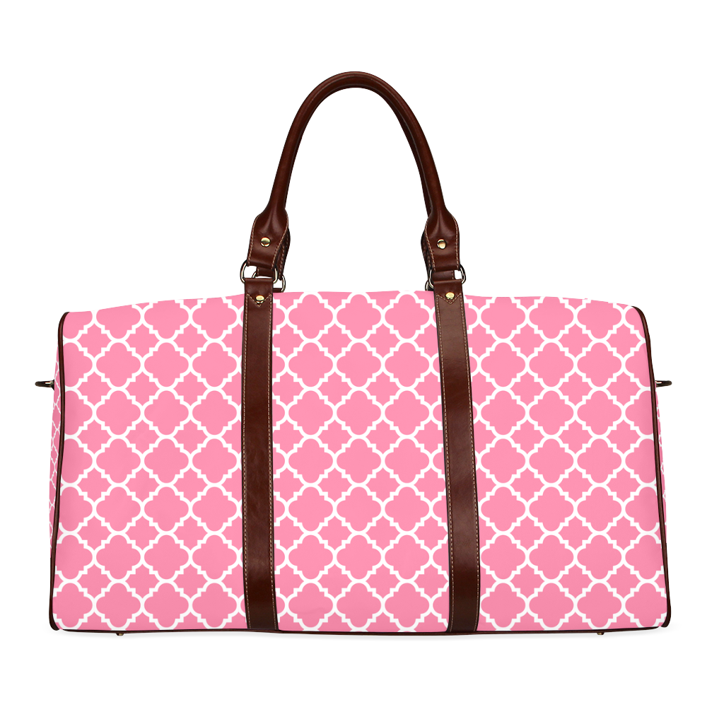 pink white quatrefoil classic pattern Waterproof Travel Bag/Large (Model 1639)