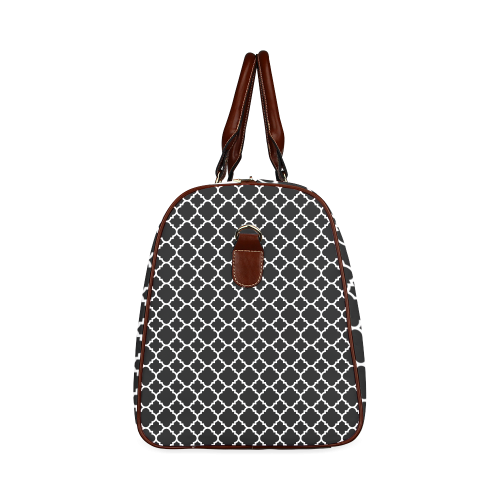 black white quatrefoil classic pattern Waterproof Travel Bag/Large (Model 1639)