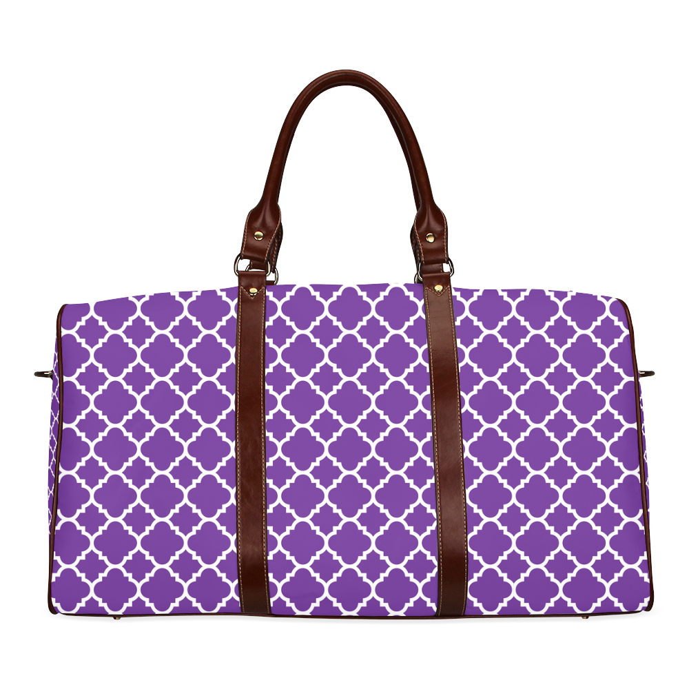 royal purple white quatrefoil classic pattern Waterproof Travel Bag/Large (Model 1639)