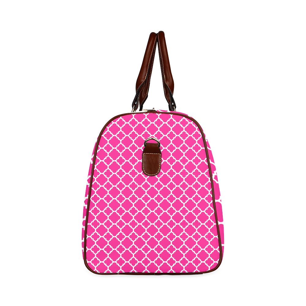 hot pink white quatrefoil classic pattern Waterproof Travel Bag/Large (Model 1639)